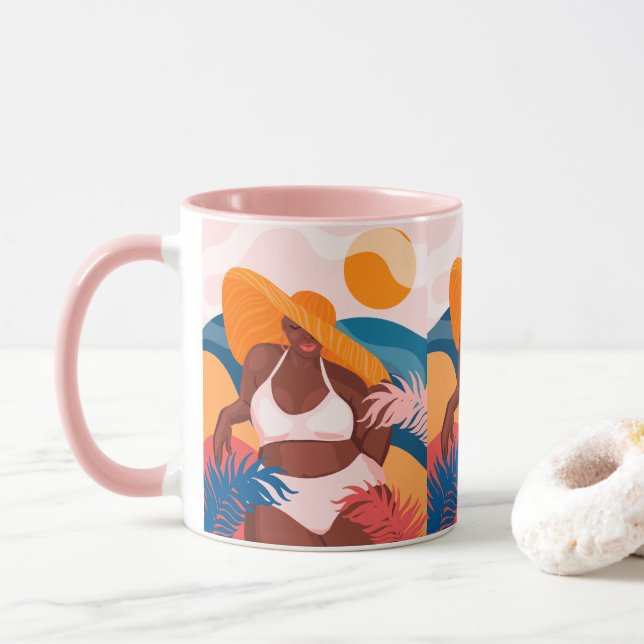 Caneca Mulher Negra Curvy, Pronta para Férias de Praia (Com Donut)