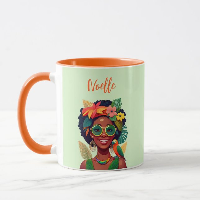Caneca Mulher Negra, Flores Tropicais e Papagaio (Esquerda)