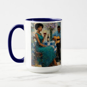 Caneca Mulher Vibrante de Jazz Arte Bistrô Azul-Verde