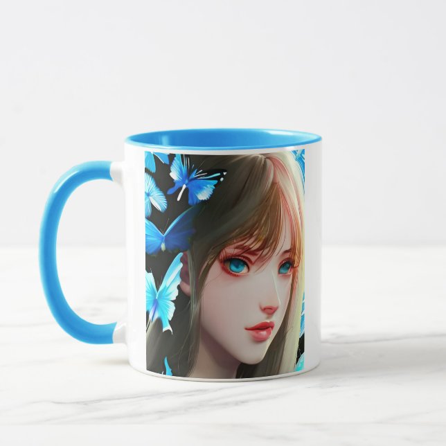 Caneca Mulheres bonito com Borboletas Azuis Personalizada (Esquerda)