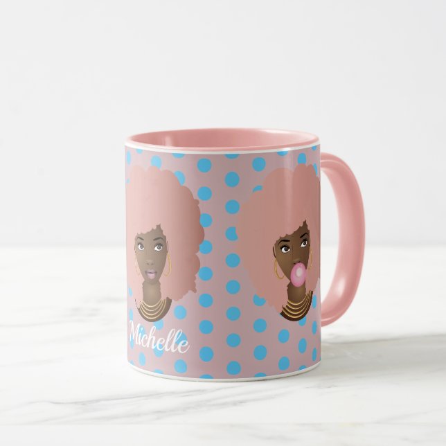 Caneca Mulheres Negras com Afro Rosa, Bublegum e Pontos F (Frente Esquerda)