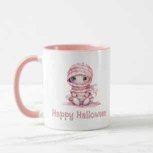Caneca Múmia Adorável Rosa e Branca Feliz Halloween