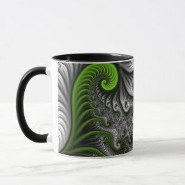Caneca Mundo Fantástico Arte Fractal Abstrata Verde e Cin