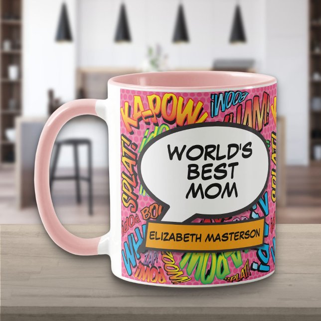 Caneca Mundo Personalizado Melhor Mãe do Mundo Diversão R (Personalized Worlds Best Mom Fun Pink Comic Book Mug)