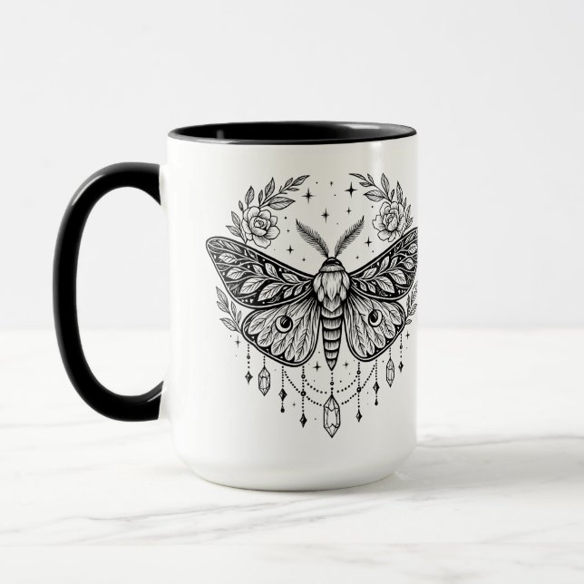 Caneca Mystical Gothic Moth Botanical Celestial Line Art  (Esquerda)