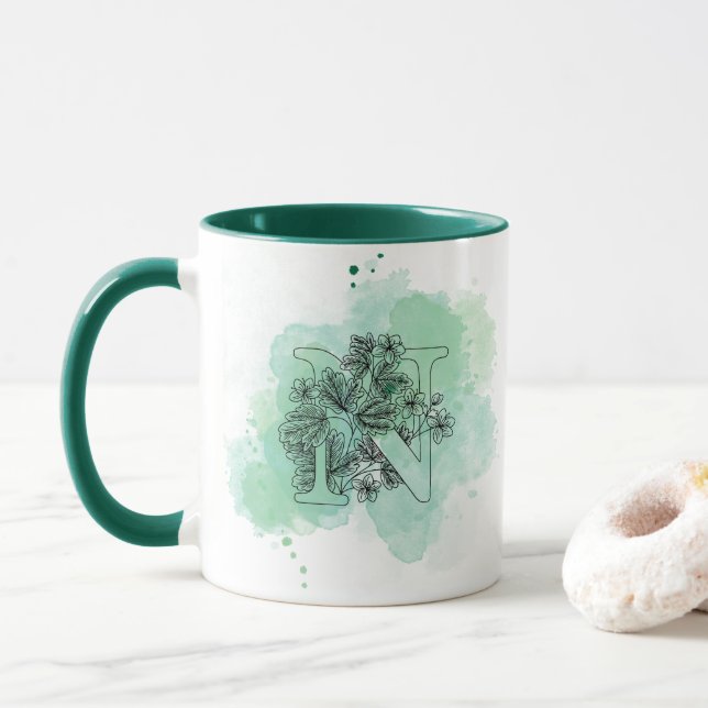Caneca N Monograma com Cor de Água Inicial Botânica Verde (Com Donut)