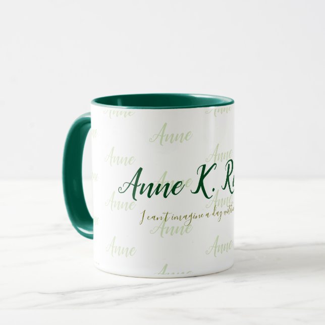 Caneca na moda feminina, nome manuscrito verde branco (Frente Esquerda)