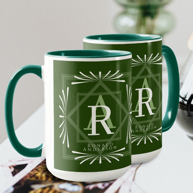 Caneca Na moda Frame Green Monograma Mug (Elegant Stylish Monogram Design. Suitable as male's gift.)