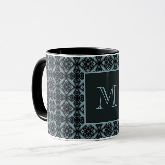 Caneca na moda, geométrico, azul, preto, oriental, (Frente Esquerda)
