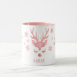 Caneca Na moda Girly Pink Snowflakes Reindeer Natal