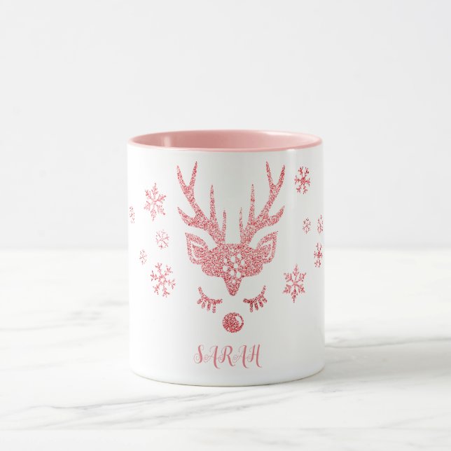 Caneca Na moda Girly Pink Snowflakes Reindeer Natal (Centro)