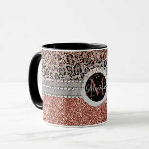 Caneca Na moda Girly Rosa Dourado Glitter Leopard Monogra