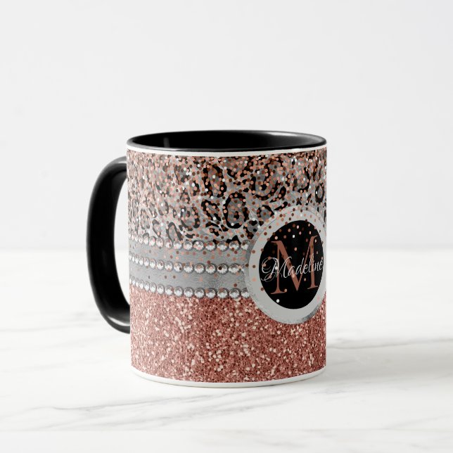 Caneca Na moda Girly Rosa Dourado Glitter Leopard Monogra (Frente Esquerda)