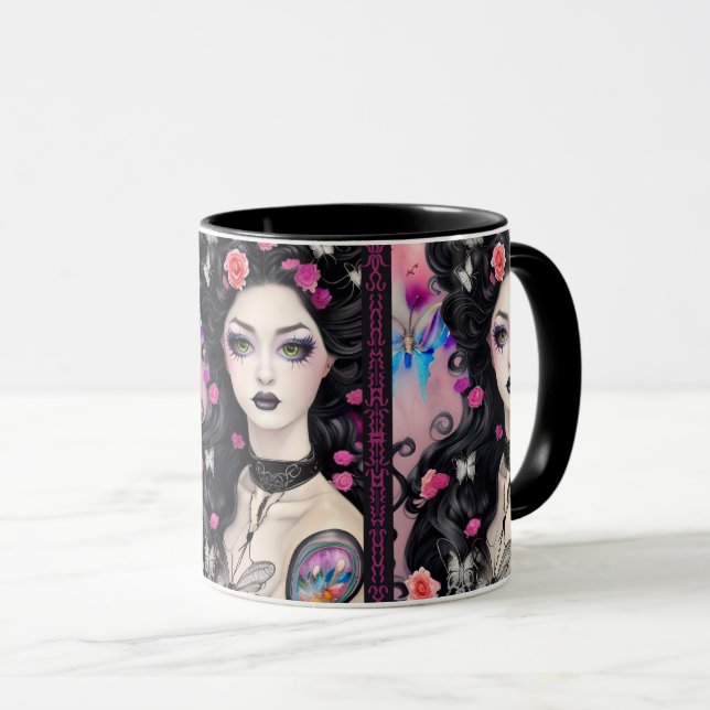 Caneca Na moda Gótico Tatuagem Rapariga Preta e Rosa (Frente Esquerda)