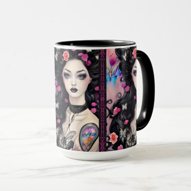 Caneca Na moda Gótico Tatuagem Rapariga Preta e Rosa (Frente Esquerda)