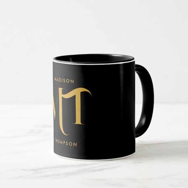 Caneca Na moda preto e Dourado Monograma - Letras iniciai (Frente Esquerda)