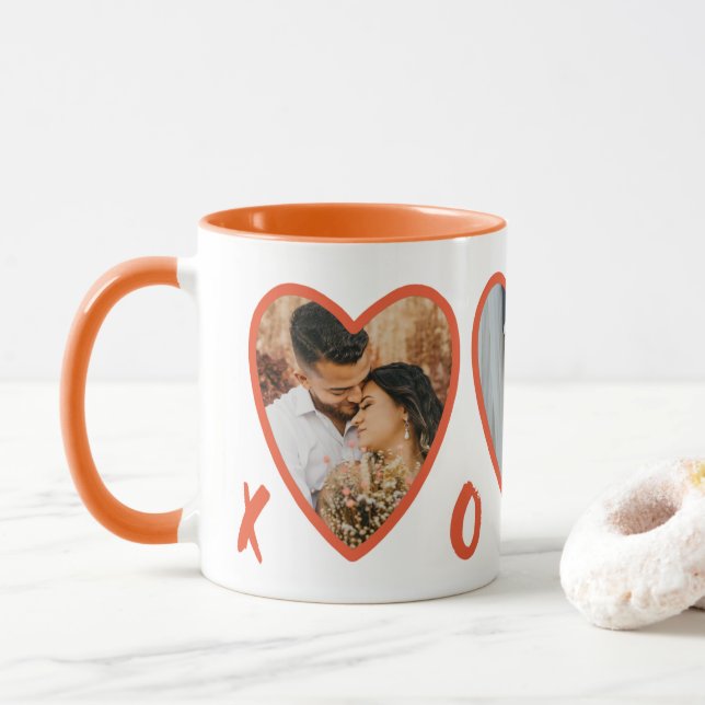 Caneca Namorados Modernos Corações Laranja Foto Mug (Com Donut)