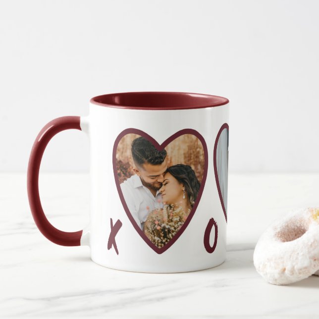Caneca Namorados Modernos Corações Vermelhos Foto Colagem (Com Donut)