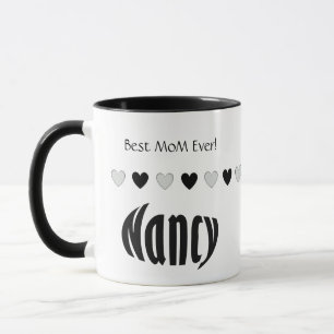 Caneca "Nancy" Nome Personalizado, Corações Pretos e Bran