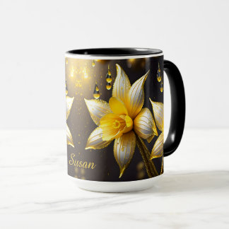 Caneca Narcisos Elegantes Com Acentos Dourados, personali