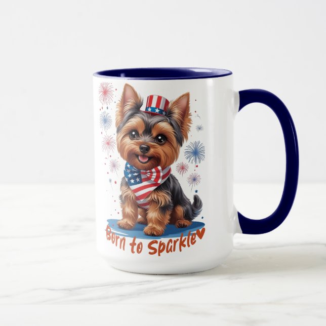 Caneca Nascer a Sparkle - Belo Yorkie Patriótico 4 de jul (Direita)