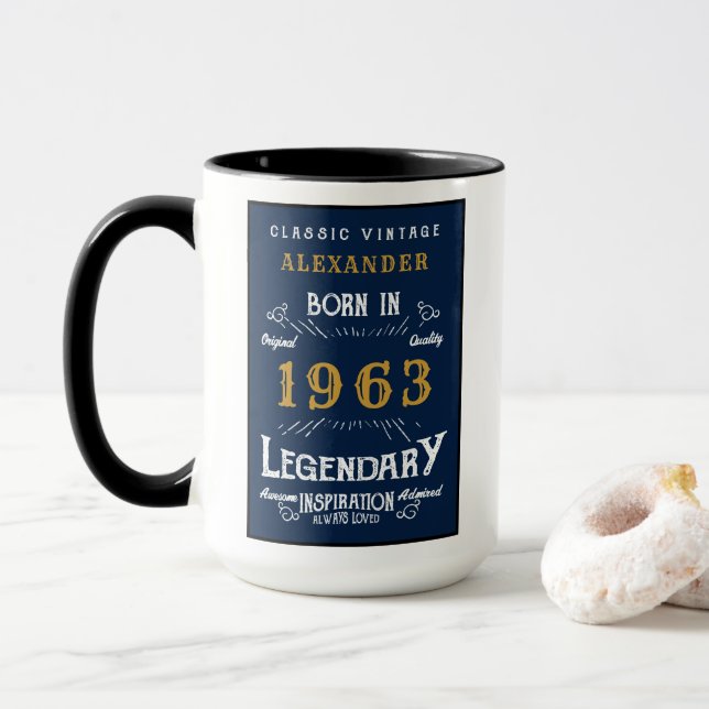 Caneca nascer de aniversário de 1963 Legenda azul Dourada (Com Donut)