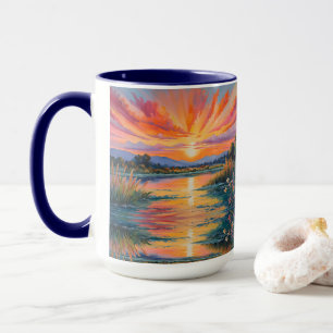 Caneca Nascer do sol no lago aquarela