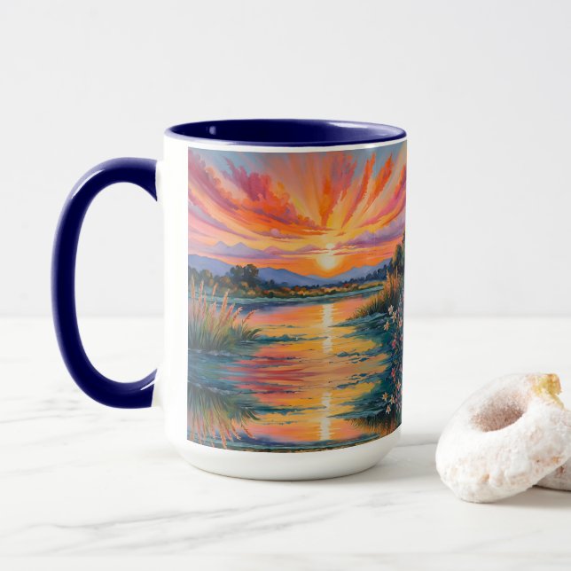 Caneca Nascer do sol no lago aquarela (Com Donut)