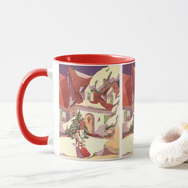 Caneca Natais vintages, Casa da Família na Neve (Com Donut)