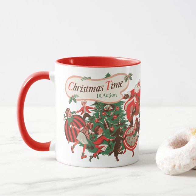 Caneca Natais vintages Papai Noel e Crianças Dançantes (Com Donut)