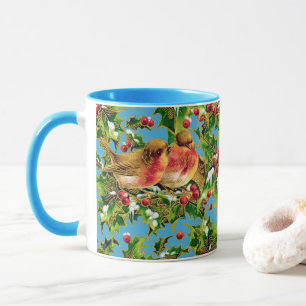 Caneca Natais vintages Pássaros Holly Faux Padrão Dourado