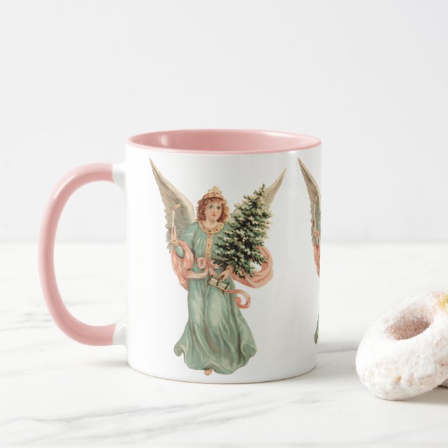 Caneca Natal Antigo, Anjo Vitoriano com Árvore (Com Donut)