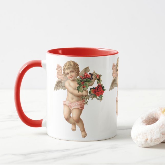 Caneca Natal Antigo, Anjo Vitoriano com Grinalda Floral (Com Donut)