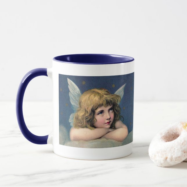 Caneca Natal Antigo, Belo Anjo com Estrelas Douradas (Com Donut)