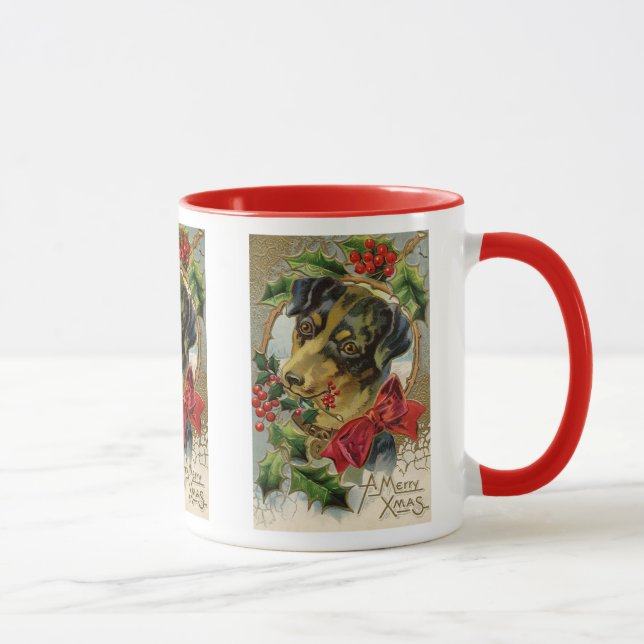 Caneca Natal Antigo, Cachorro Dachshund com Azevinho (Direita)