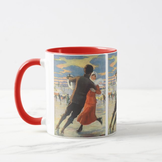 Caneca Natal Antigo, Casal Romântico Patinando no Gelo (Esquerda)