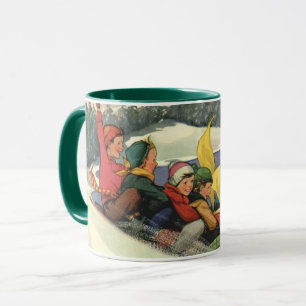 Caneca Natal Antigo, Crianças Puxando Trenó em uma Montan