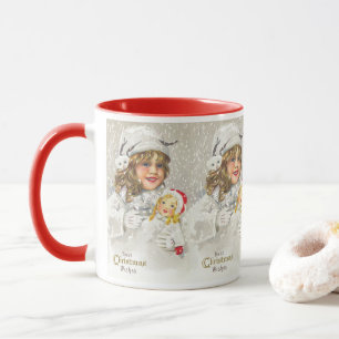 Caneca Natal Antigo Menina Vitoriana com Boneca na Neve