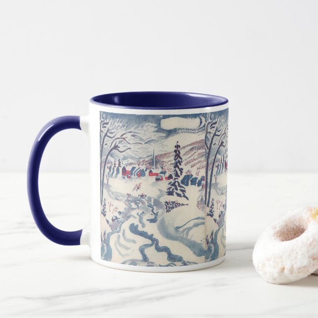 Caneca Natal Antigo, Paisagem Nevada com Vila de Inverno (Com Donut)