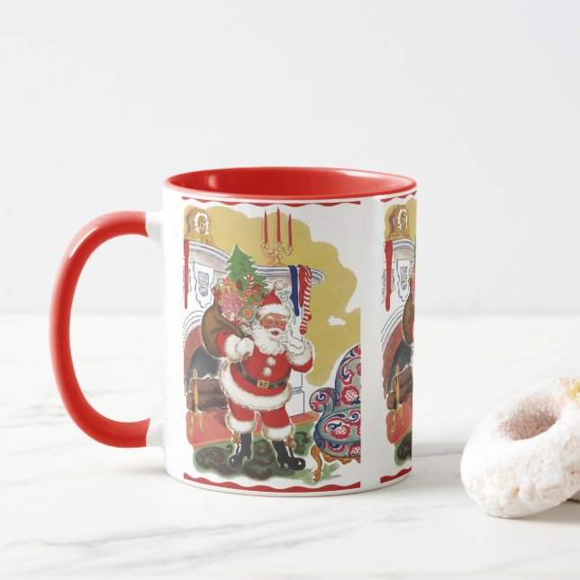 Caneca Natal Antigo, Papai Noel Alegre com Presentes (Com Donut)