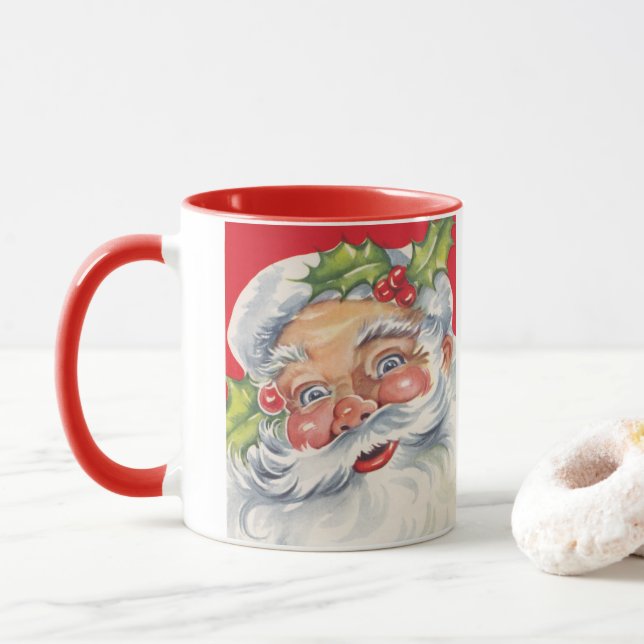 Caneca Natal Antigo, Papai Noel Alegre com seu Chapéu (Com Donut)