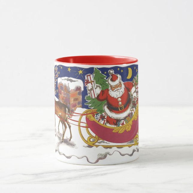 Caneca Natal Antigo, Papai Noel Alegre com Trenó (Centro)