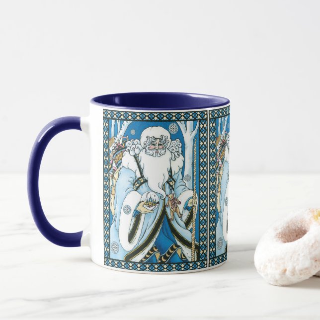 Caneca Natal Antigo, Papai Noel Azul com Bola de Neve (Com Donut)