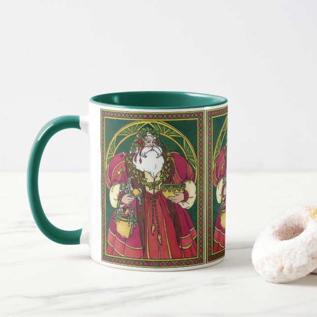 Caneca Natal Antigo, Papai Noel com Folhas de Azevinho (Com Donut)