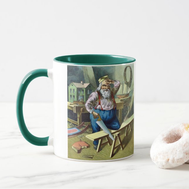 Caneca Natal Antigo, Papai Noel Construindo Brinquedos Se (Com Donut)