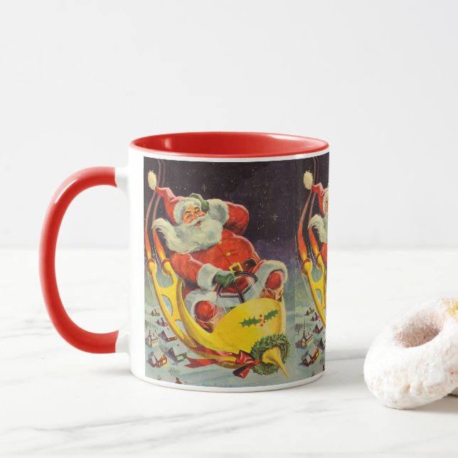 Caneca Natal Antigo, Papai Noel em uma Espaçonave (Com Donut)