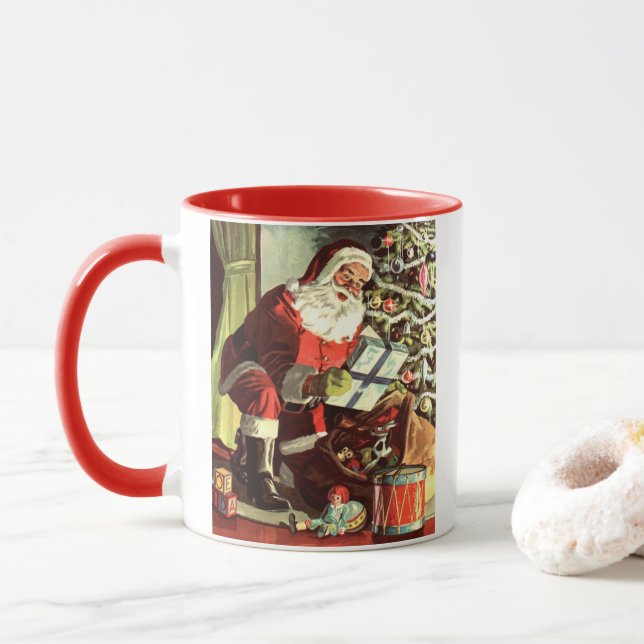 Caneca Natal Antigo, Papai Noel Retro com Presentes (Com Donut)
