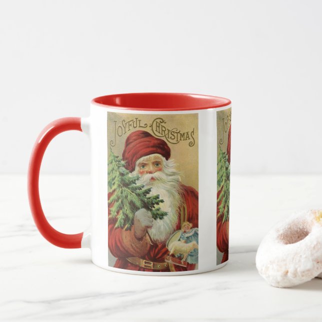 Caneca Natal Antigo, Papai Noel Vitoriano com Árvore (Com Donut)