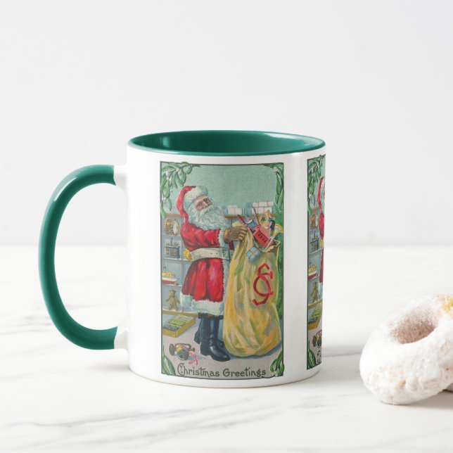Caneca Natal Antigo, Papai Noel Vitoriano com Brinquedos (Com Donut)