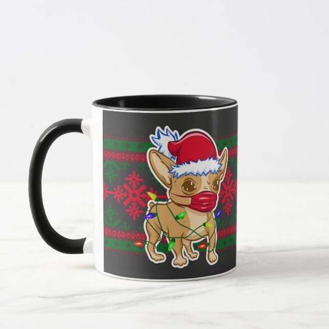 Caneca Natal chihuahua vestindo uma máscara médica (Esquerda)